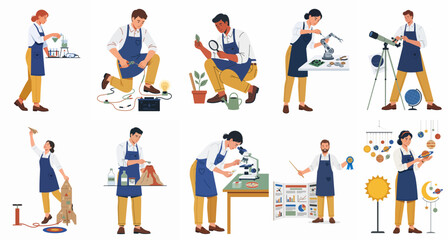 Fototapeta premium Collection of diverse people engaged in various STEM activities and science experiments like robotics, astronomy, and chemistry in flat vector style.