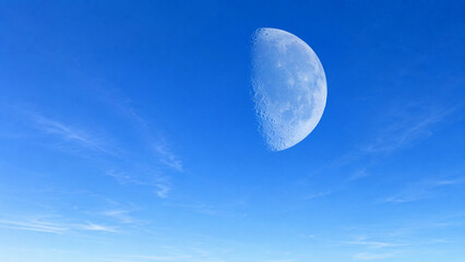 Detailed 4K half moon visible in a daytime blue sky with copy space. © TF_studios