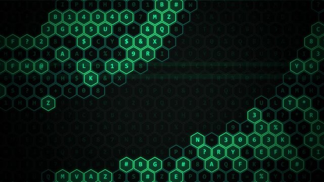 Glowing green hexagonal data grid moving on dark background