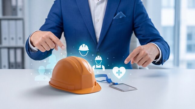 Businessman pointing at orange hard hat with digital health and safety icons on desk
