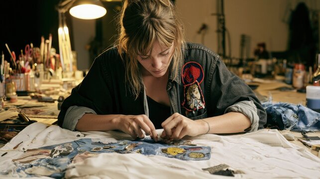 Young Artist Creating Unique Textile Art in Cozy Studio Setting