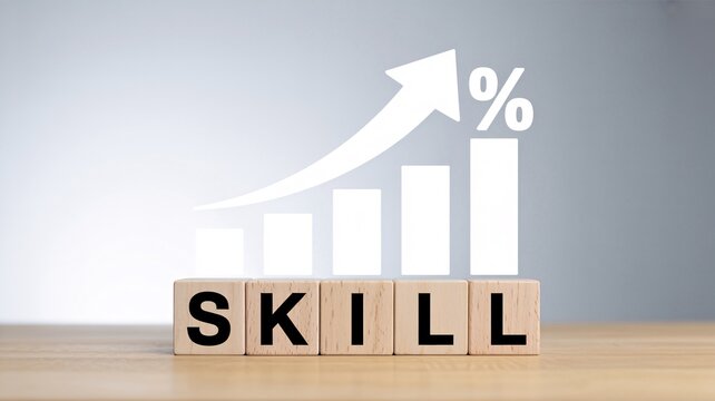 Wooden blocks spelling SKILL with rising financial growth graph and percentage sign representing self improvement