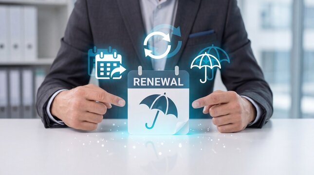 Businessman pointing at a digital calendar icon representing insurance policy renewal in an office