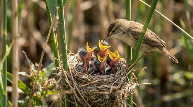 Sedge warbler feeding hungry chicks in a nest built among marsh reeds