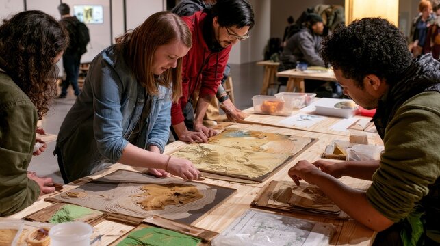 Collaborative Art Session with Community Members Creating Textured Maps