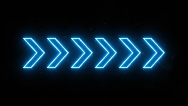 A row of glowing blue neon arrows pointing to the right on a black background