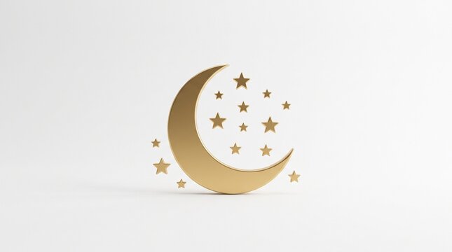 A high-quality 3D rendering of a luxury golden crescent moon surrounded by sparkling gold stars, isolated on a clean minimalist white background, perfect for Ramadan, Eid, or celestial designs.