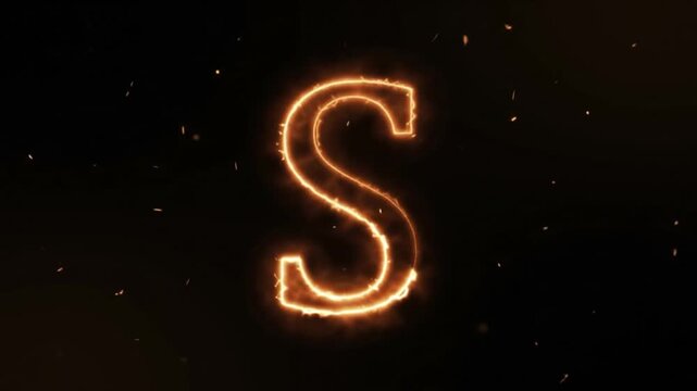 Glowing letter s formed by bright orange flames on a dark black background