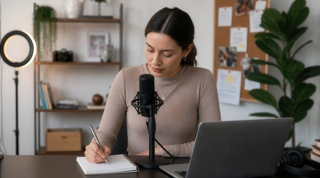A young woman diligently works at her desk, engaged in recording audio content with a professional microphone and a laptop, capturing her creative process in a well-equipped workspace designed