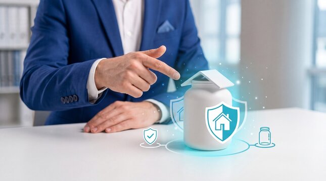 Businessman pointing at a digital house insurance icon floating above a white plastic jar