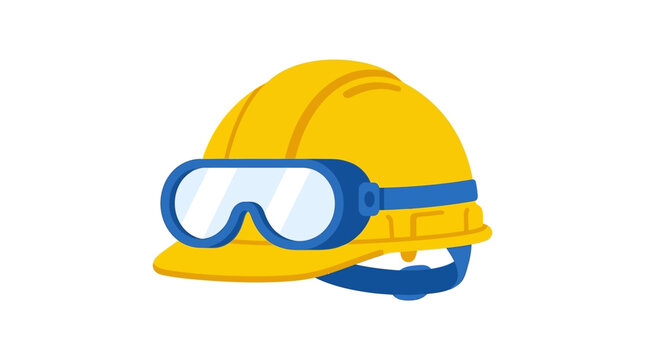 Construction hard hat and safety goggles icon for industrial site protection equipment and builder headgear illustration on white backdrop