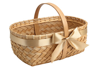 Obraz premium Empty woven wicker basket with a decorative silk ribbon bow isolated on transparent background