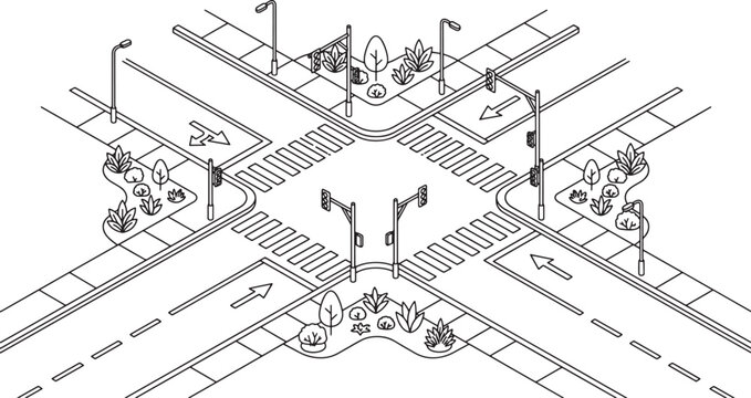 Isometric four way road intersection line art with crosswalks traffic lights street lamps and corner plants vector illustration