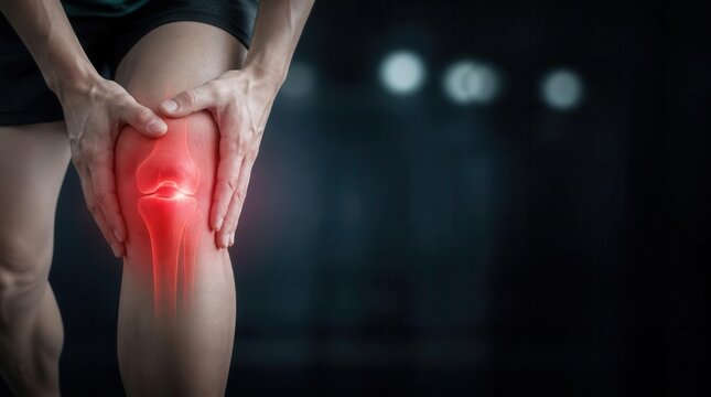 A person experiences intense knee discomfort and inflammation, clutching the affected joint with a visible glow indicating pain and the potential for injury during athletic activity or daily