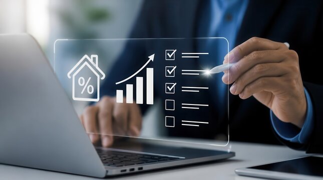 A business professional meticulously checks off tasks on a futuristic digital checklist while analyzing financial growth charts and a house percentage icon displayed on a transparent screen