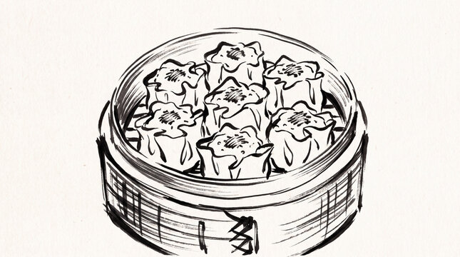 Watercolor and ink sketch illustration of a Chinese shumai dumpling with green pea on white background