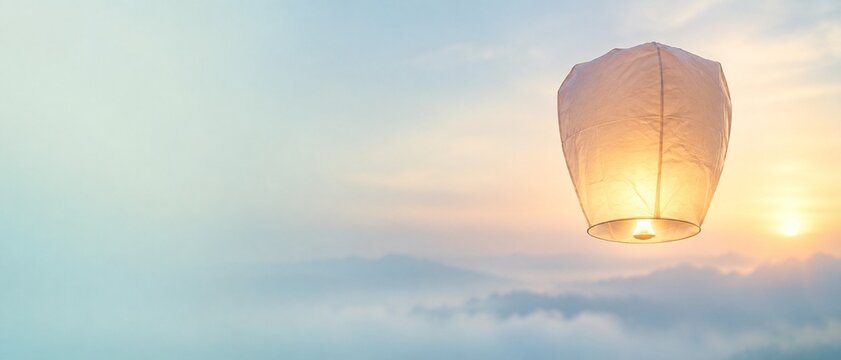 Glowing paper lantern silhouette, pastel haze festival background
