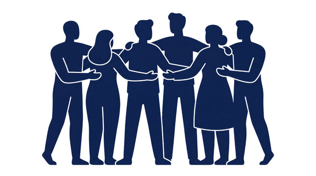Minimalist navy blue silhouette of diverse people hugging, community support and teamwork concept, group of friends standing in a circle of unity