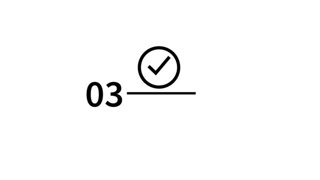Sequence number zero three step icon with circular checkmark for numbered list elements