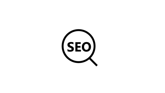 Black and white SEO text inside magnifying glass icon for search engine optimization concept