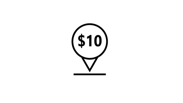 Map location pin with ten dollars inside circle for price or cost indicator