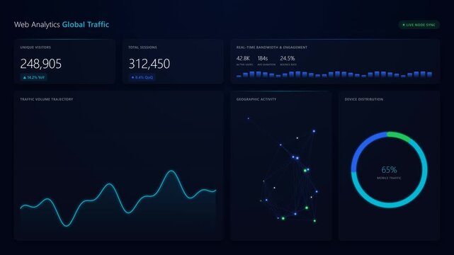 Digital Dashboard UI with Glowing Charts and Data Visualization - Dark Theme