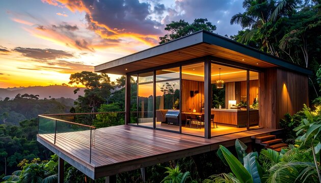 Modern luxury villa with wooden terrace overlooking tropical rainforest at sunset