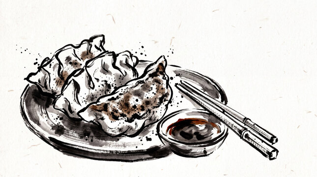 Watercolor and ink sketch illustration of Japanese gyoza dumplings lined up on white background