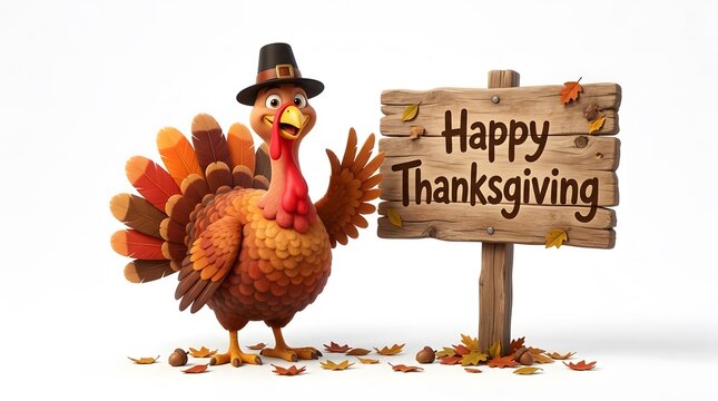 Festive cartoon turkey stands beside a wooden sign wishing happy thanksgiving