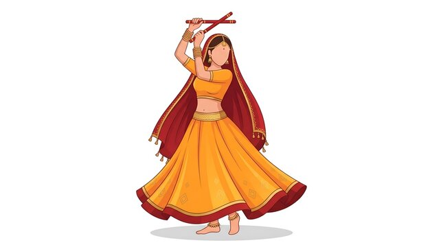 flat vector illustration of a graceful female dancer in traditional Indian Garba/Dandiya attire