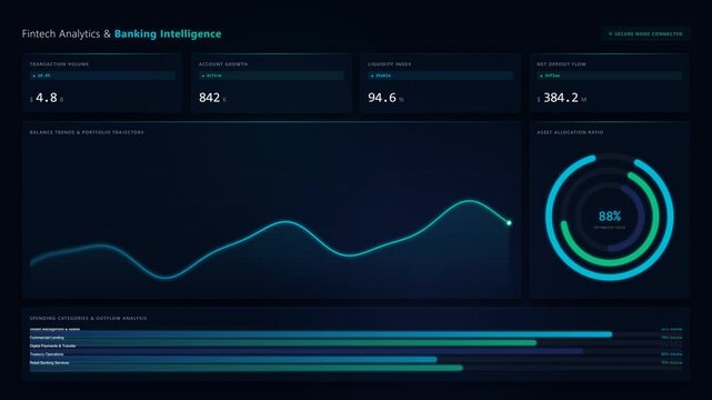 Digital financial dashboard with real-time analytics, charts, graphs, and data visualization