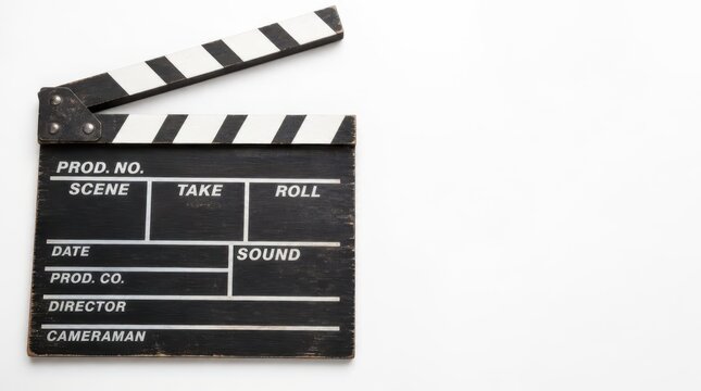 A black slate clapperboard, a symbol of filmmaking and production, is poised for action, ready to mark the start of a new scene or take in the exciting world of cinematic creation