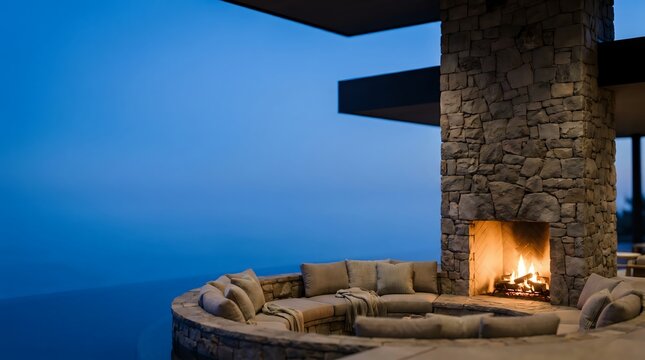 Editorial Luxury Sunken Seating and Stone Fireplace at Serene Twilight