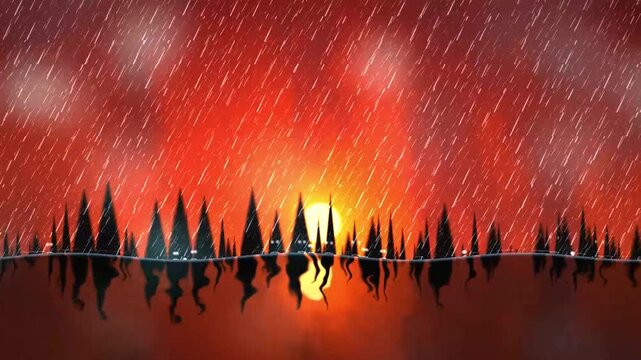 Procedural Movie of Rain in pine forest while sunset