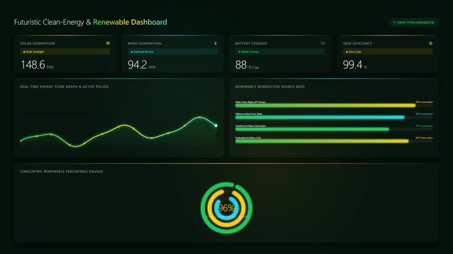 Futuristic Clean Energy Renewable Dashboard Displaying Data and Graphs - Green Tech Analytics