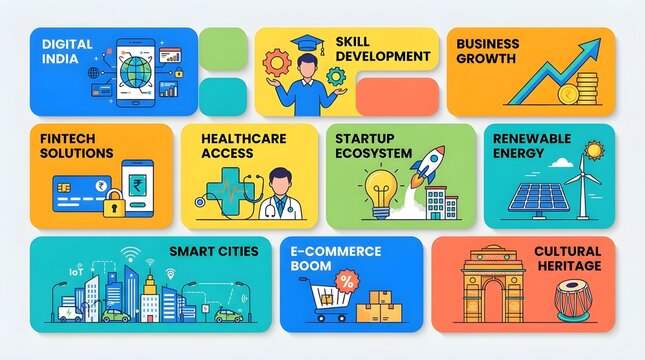 Digital India Bento Grid Infographic Layout Featuring Fintech Smart Cities Renewable Energy and Cultural Heritage Vector Illustration