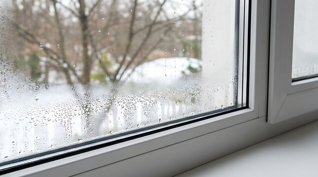 Close-up of condensation and water droplets on a white plastic window pane with a blurry snowy winter landscape and trees in the background, representing humidity and indoor temperature changes.