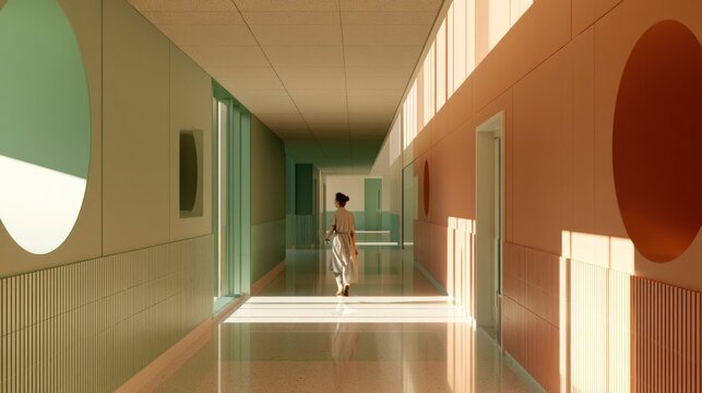 Person Walking Through Modern Corridor with Colorful Walls and Light