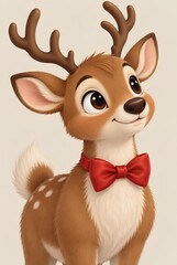 Obraz premium Cute cartoon reindeer with red bow tie festive holiday character illustration
