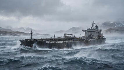 Fototapeta premium Crude Oil Tanker Sailing on a Cold Northern Sea