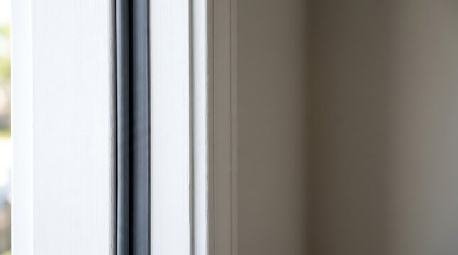 Close up detail of a modern white window frame with black weatherstripping seal for insulation and energy efficiency in a residential home or building interior with selective focus.