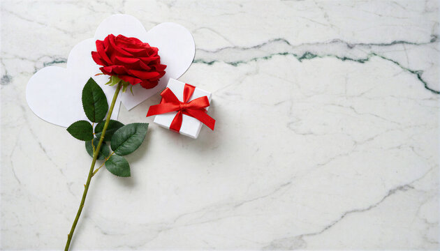 Red rose and gift box on marble background