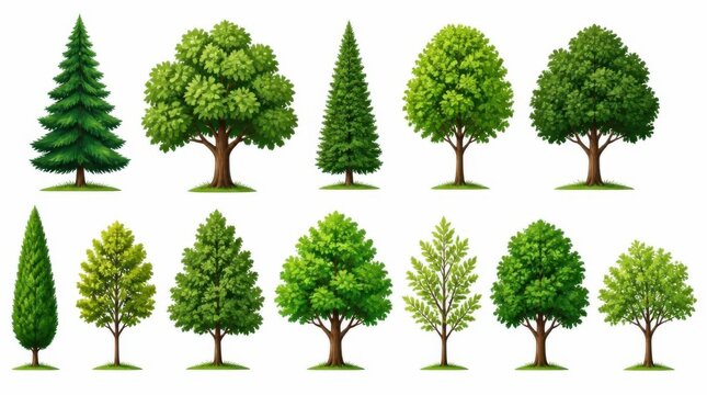 Diverse assortment of verdant deciduous and coniferous trees, showcasing various shapes and foliage textures, arranged for botanical comparison and landscaping design inspiration
