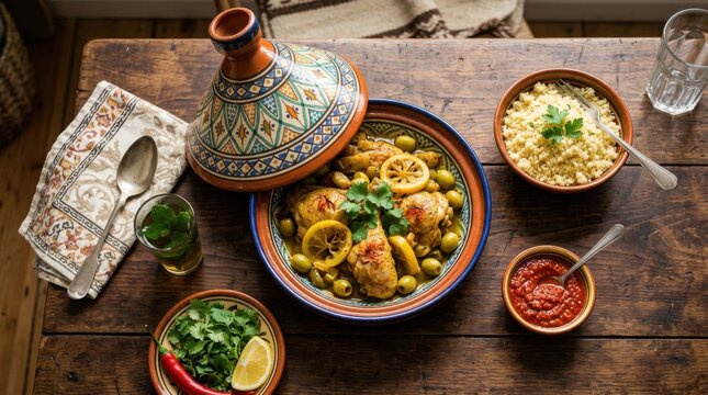 A vibrantly prepared Moroccan chicken tagine with preserved lemons and olives, served alongside fluffy couscous and spicy harissa, presented on a rustic wooden table for an authentic culinary