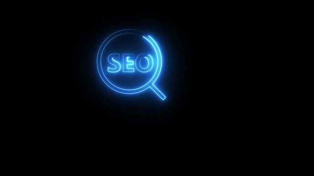 Neon seo search icon glowing with blue light in dark background motion graphic video asset