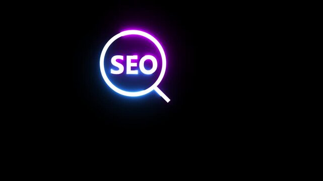 Seo neon light glow animation on black background marketing and business solutions concept loop video