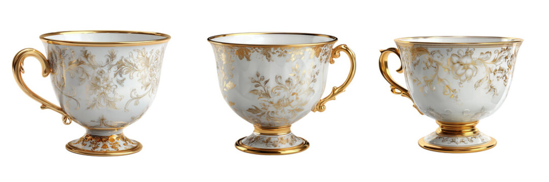 Set of Sophisticated porcelain teacup with a gleaming gold handle on transparent png background. Ai generated