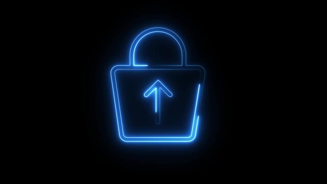 Neon blue shopping bag icon with arrow up appearing on black background for digital commerce