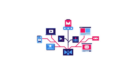 Fototapeta premium Flat Digital Marketing Network Illustration with Omnichannel Connectivity Icons