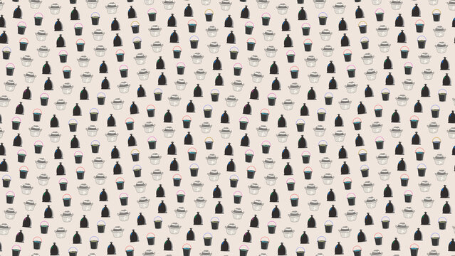 Seamless pattern of trash bags and buckets